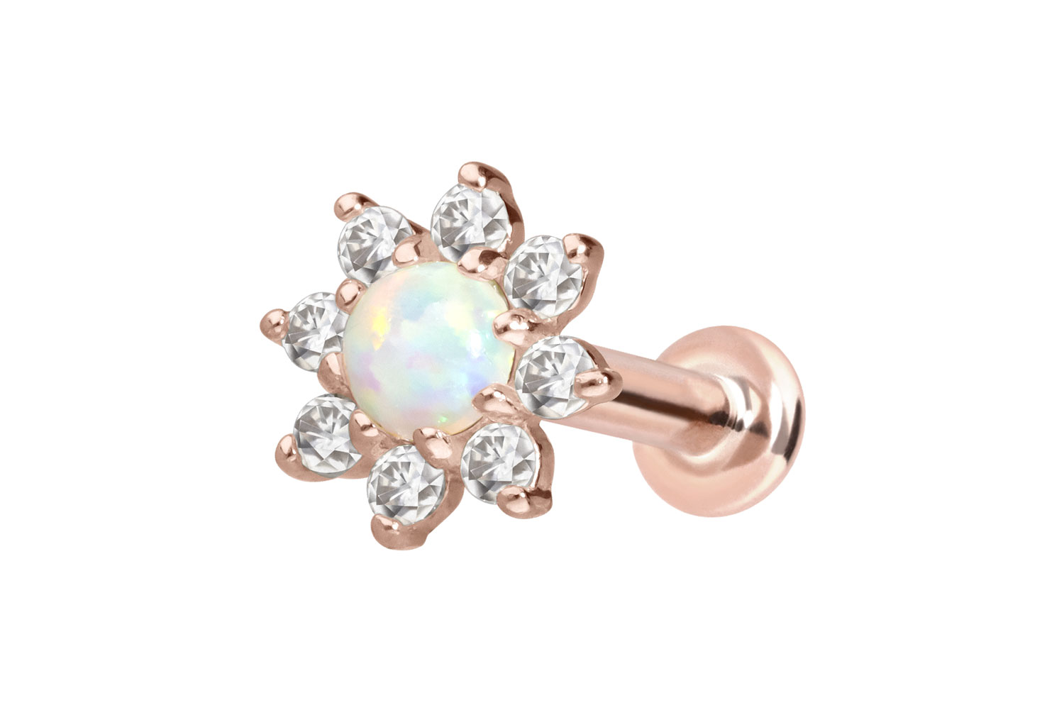 14 Karat Gold Labret Piercing mit Push Fit MOISSANIT-BLUME + SYNTHETISCHER OPAL